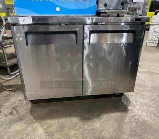 Turbo Air M3 Series Commercial Stainless Steel 2 Door Undercounter Worktop Refrigerator! With Poly Coated Wire Racks! Model: MUR-48-N SN: H2KM04RD5259! 115V! On Casters!