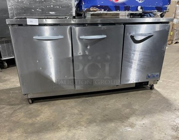 Ikon Commercial Stainless Steel 3 Door Undercounter Worktop Refrigerator! With Poly Coated Wire Racks! Model: IUC72R SN: IUC72R9205330! 115V 1 Phase! On Casters! - Image 1 of 8