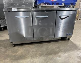 Ikon Commercial Stainless Steel 3 Door Undercounter Worktop Refrigerator! With Poly Coated Wire Racks! Model: IUC72R SN: IUC72R9205330! 115V 1 Phase! On Casters!
