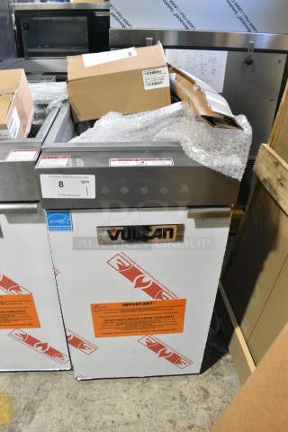 BRAND NEW! Vulcan 1VEG35M-1 Stainless Steel Commercial Floor Style Natural Gas Powered Deep Fat Fryer. Comes w/ Commercial Casters. 70,000 BTU.