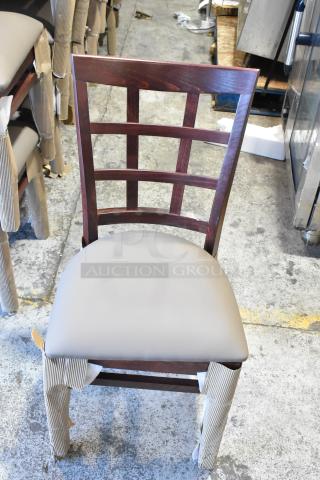 64 BRAND NEW SCRATCH AND DENT! Lancaster Table & Seating 164CWINMAHFR Wooden Dining Height Window Back Chair w/ Tan Seat Cushion. 64 Times Your Bid!