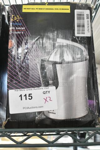 2 IN ORIGINAL BOX! Eurolux ELCJ-1600 S Countertop Citrus Juicer. 120 Volts, 1 Phase. 2 Times Your Bid!