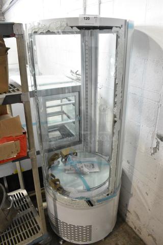 BRAND NEW SCRATCH AND DENT! Avantco 193BCR15HCW White Circular Glass Refrigerated Display Case. See Pictures for Glass Damage. 110-120 Volts, 1 Phase. Tested and Working!