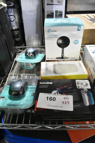 5 Various IN ORIGINAL BOX Items Including 2 Logitech Computer Mouse, Charger and Game Dock, Infinity Instant Go Wireless, TP Link Kasa Cam Smart Home Camera. 5 Times Your Bid!