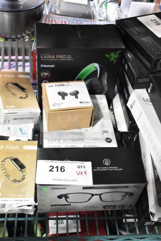 4 IN ORIGINAL BOX! Items Including LG Tone Earbuds, Razer Smart Glasses, Viper Ultimate Computer Mouse, Kaira Pro Headphones. 4 Times Your Bid!