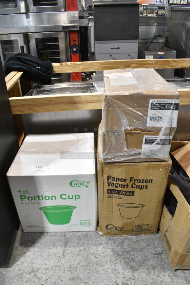 4 BRAND NEW SCRATCH AND DENT! Boxes Including 127P400B Choice 4 oz. Black Plastic Souffle Cup / Portion Cup - 2,500/Case, 760IC04W Choice 4 oz. White Paper Frozen Yogurt / Food Cup - 1,000/Case, 2 5002BNAPHG Choice Hunter Green 2-Ply Beverage / Cocktail Napkin - 1,000/Case. 4 Times Your Bid! - Image 1 of 4