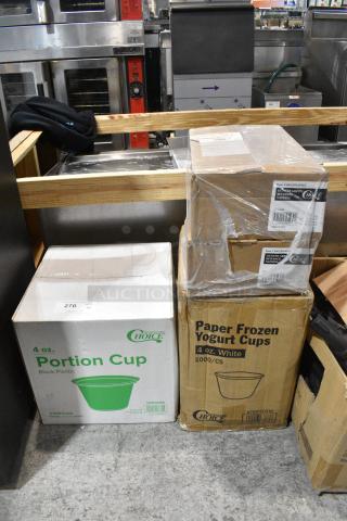 4 BRAND NEW SCRATCH AND DENT! Boxes Including 127P400B Choice 4 oz. Black Plastic Souffle Cup / Portion Cup - 2,500/Case, 760IC04W Choice 4 oz. White Paper Frozen Yogurt / Food Cup - 1,000/Case, 2 5002BNAPHG Choice Hunter Green 2-Ply Beverage / Cocktail Napkin - 1,000/Case. 4 Times Your Bid!