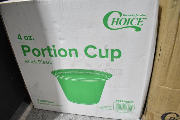 4 BRAND NEW SCRATCH AND DENT! Boxes Including 127P400B Choice 4 oz. Black Plastic Souffle Cup / Portion Cup - 2,500/Case, 760IC04W Choice 4 oz. White Paper Frozen Yogurt / Food Cup - 1,000/Case, 2 5002BNAPHG Choice Hunter Green 2-Ply Beverage / Cocktail Napkin - 1,000/Case. 4 Times Your Bid! - Image 2 of 4