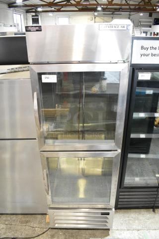 Beverage Air HBR23HC-1-HG-003 Stainless Steel Commercial 2 Half Size Door Reach In Cooler Merchandiser on Commercial Casters. Top Door Does Not Stay Closed. 115 Volts, 1 Phase. Tested and Working!