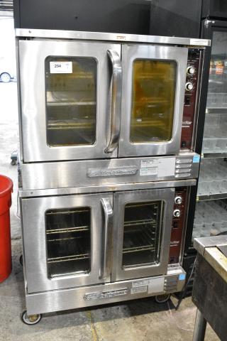 2 Southbend SLGS/22SC SilverStar Stainless Steel Commercial Natural Gas Powered Full Size Convection Oven w/ View Through Doors, Metal Oven Racks and Thermostatic Controls on Commercial Casters. 2 Times Your Bid!