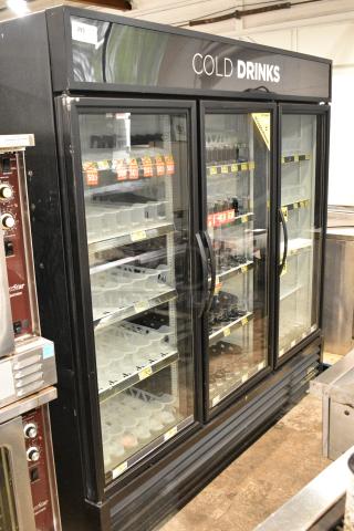 True GDM-72-HC Metal Commercial 3 Door Reach In Cooler Merchandiser w/ Poly Coated Racks. 115 Volts, 1 Phase. Tested and Working!