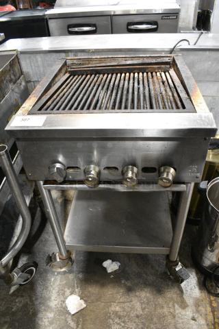 Jade Range Stainless Steel Commercial Natural Gas Powered Charbroiler Grill w/ Under Shelf on Commercial Casters.