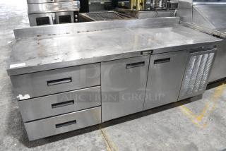 Delfield 18684BST Stainless Steel Commercial Work Top Cooler w/ 2 Doors and 3 Drawers on Commercial Casters. 115 Volts, 1 Phase. Tested and Powers On But Does Not Get Cold