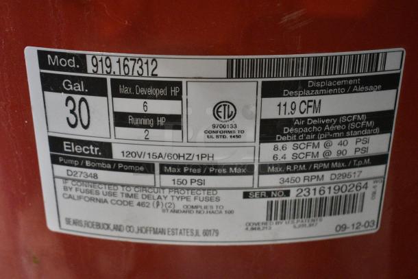 Craftsman 919.167312 30 Gallon 150 PSI Air Compressor. 120 Volts, 1 Phase. - Image 7 of 8