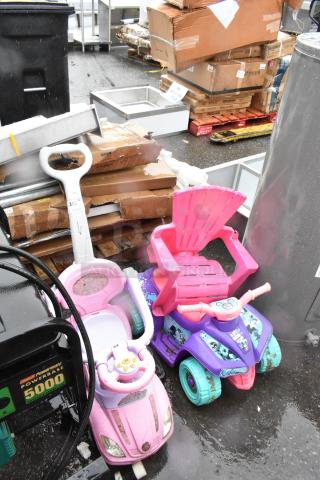 3 Various Items Including Pink Chair, Kids 4 Wheeler and Kids Push Car. 3 Times Your Bid!