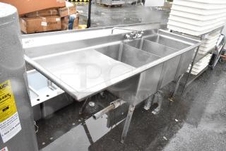 Stainless Steel Commercial 3 Bay Sink w/ Left Side Drain Board, Faucet and Handles.
