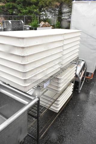 Chrome Finish 3 Tier Wire Shelving Unit w/ White Poly Dough Bins. BUYER MUST DISMANTLE. PCI CANNOT DISMANTLE FOR SHIPPING. PLEASE CONSIDER FREIGHT CHARGES. - Item #1185924