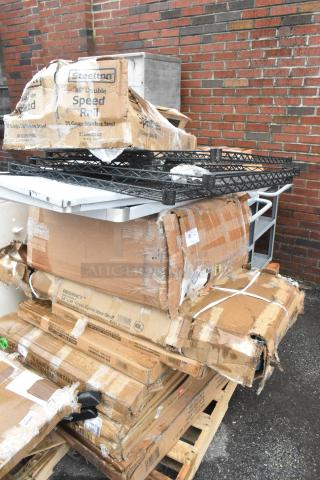 12 BRAND NEW SCRATCH AND DENT! Items Including 712B5536D Steelton Stainless Steel Double Tier Speed Rail - 36", 176TD2926BLK Baker's Lane 29" x 26" x 6" Black Bread Tray Dolly, 460EG2448 Regency 24" x 48" NSF Green Epoxy Wire Shelf, 2 3492424ANTWA Lancaster Table & Seating Industrial 24" x 24" Solid Wood Live Edge Table Top with Rustic Walnut Finish. 12 Times Your Bid! May Be Missing Pieces.