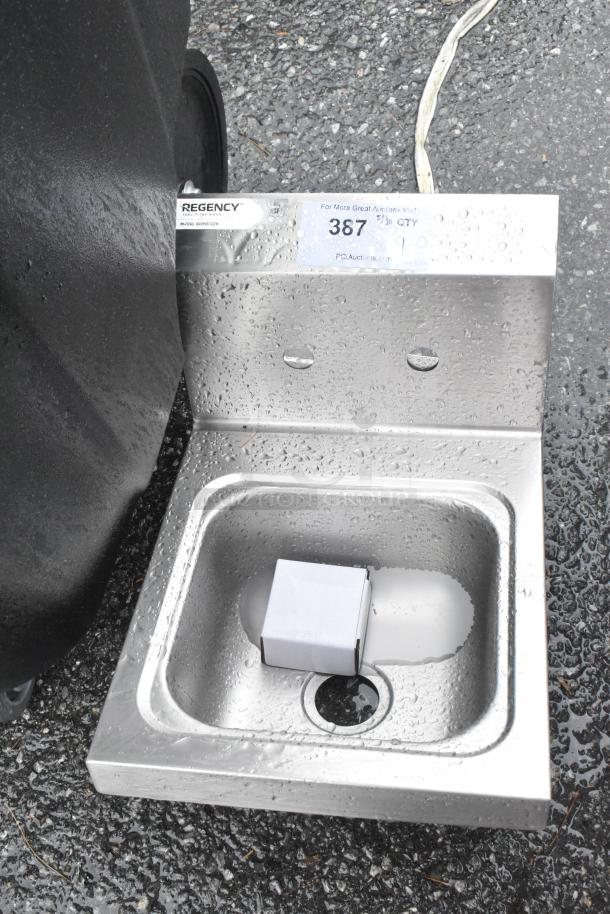 BRAND NEW SCRATCH AND DENT! Regency 600HS122H 9" x 9" x 5" Wall-Mounted Hand Sink with 4" Centers and Strainer - Image 1 of 5