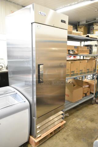 BRAND NEW SCRATCH AND DENT! 2024 Avantco 178A23RHC Stainless Steel Commercial Single Door Reach In Cooler w/ Poly Coated Racks. 115 Volts, 1 Phase.