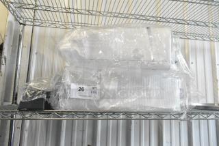 BRAND NEW SCRATCH AND DENT! Lot of 2 Clear Poly Beverage Hoppers and Drip Tray.