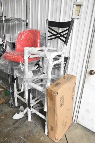 5 BRAND NEW SCRATCH AND DENT! Items Including Red Bar Height Chair, 2 Metal Cross Back Bar Height Chair Frame, Ladder Back Dining Height Chair and Box of 4 Black Vinyl Chair Seat Cushion. 5 Times Your Bid!