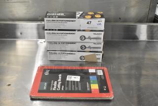 5 BRAND NEW SCRATCH AND DENT! Items Including 407FLX6P1208 Choice 12" x 8" x 1/16" 6-Piece Multi-Colored Flexible Cutting Board Kit and 4 Vollrath 47139 Jacob's Pride® #6 White Thumb Press Disher - 5.33 oz.. 5 Times Your Bid!