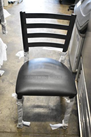 24 BRAND NEW SCRATCH AND DENT! Lancaster Table & Seating Black Metal Ladder Back Dining Height Chair w/ Black Seat Cushion. 24 Times Your Bid!