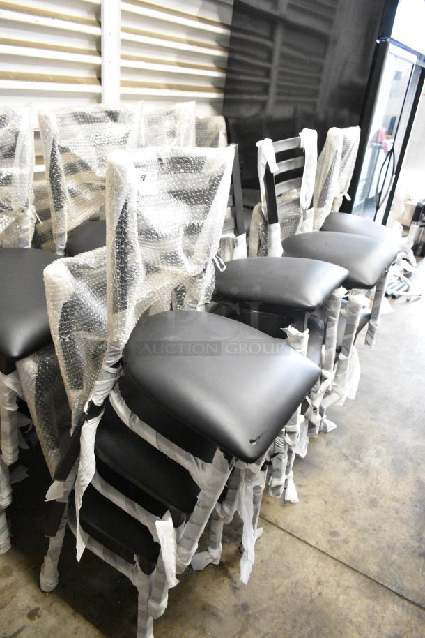 24 BRAND NEW SCRATCH AND DENT! Lancaster Table & Seating Black Metal Ladder Back Dining Height Chair w/ Black Seat Cushion. 24 Times Your Bid! - Image 2 of 4
