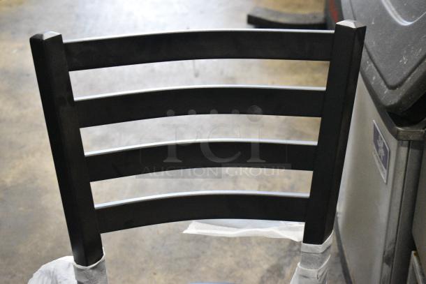 24 BRAND NEW SCRATCH AND DENT! Lancaster Table & Seating Black Metal Ladder Back Dining Height Chair w/ Black Seat Cushion. 24 Times Your Bid! - Image 3 of 4