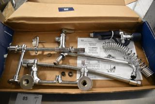 BRAND NEW SCRATCH AND DENT! T&S MPM-8WLN-12-SWV Low Profile Wall Mounted Pre-Rinse Faucet with 8" Centers, 24" Hose, 1.07 GPM Spray Valve, Swivel, 12" Add-On Faucet, and Wall Bracket 510MPM8WL12S