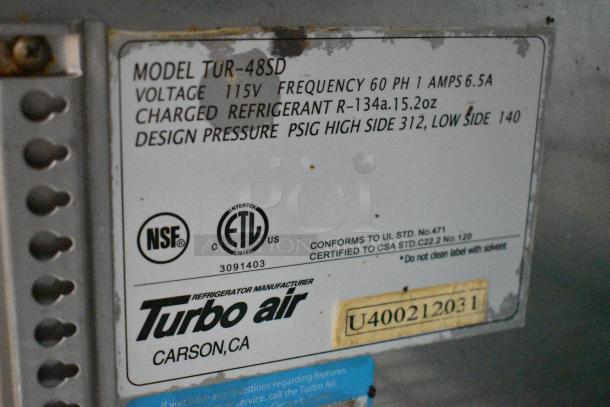 Turbo Air TUR-48SD Stainless Steel Commercial 2 Door Undercounter Cooler on Commercial Casters. 115 Volts, 1 Phase. Tested and Working! - Image 8 of 8