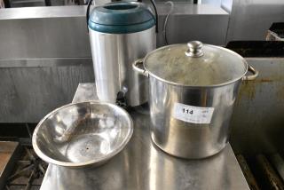 4 Various Items Including Metal Stock Pot, 2 Metal Bowl and Beverage Holder Dispenser. 4 Times Your Bid!