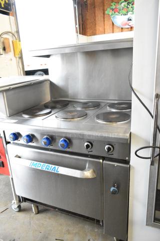 Imperial IR-6-E Stainless Steel Commercial Electric Powered 6 Burner Hot Plate Range w/ Oven, Over Shelf and Back Splash. 208 Volts, 3 Phase.
