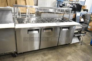 2023 Coldline SMP-72 Stainless Steel Commercial Prep Table w/ Sneeze Guard on Commercial Casters. 115 Volts, 1 Phase.