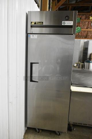 True TG1R-1S Stainless Steel Commercial Single Door Reach In Cooler on Commercial Casters. 115 Volts, 1 Phase.