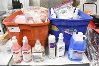 ALL ONE MONEY! Lot of 2 Bins of Various Cleaners Including Diversey Spitfire RTU Power Cleaner, Foaming Disinfectant Cleaner, Provon Clean and Milk Foam Handwash.