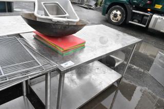 Stainless Steel Table w/ Under Shelf and Contents Including Cutting Boards and Wok.