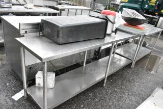 Stainless Steel Table w/ Under Shelf and Contents Including Slim Jim Trash Can.