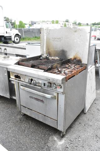 Southbend 4361D-2CL Stainless Steel Natural Gas Powered Charbroiler w/ 2 Burner Range, Oven and Back Splash on Commercial Casters.