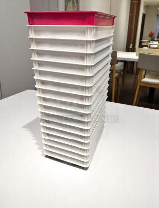 Excellent Condition –  LOT OF 20 DOUGH TRAYS ON DOLLY – White Plastic Stackable Bins with Red Lid – Code BPT 78 - Item #1182810