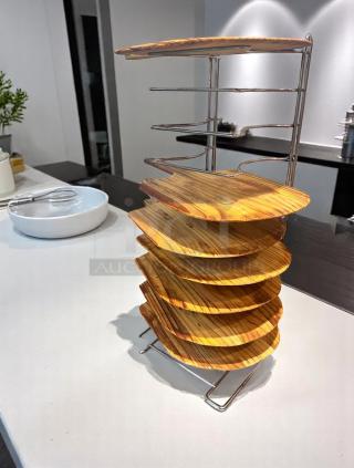 Excellent Condition – WOODEN PIZZA PEEL RACK SET – Lot of 8 – Chrome Rack –  Code BPT 22 - Item #1182813
