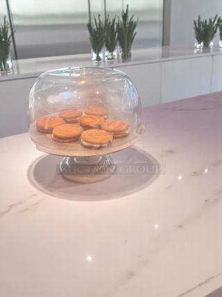 Lot of 3 – Excellent Condition Cake Display Domes with Ceramic Pedestals – Clear Acrylic Covers – Code BPT 17