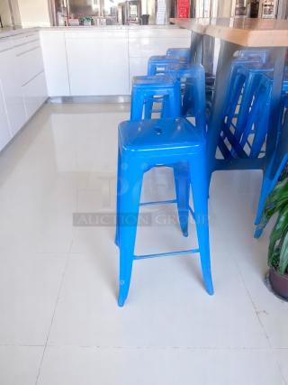 Lot of 10 – Excellent Condition Blue Metal Bar Stools – 30" Seat Height – Stackable – Code BPT 20