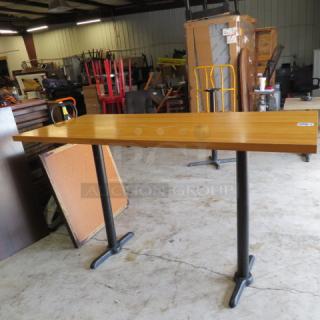 One Solid Wooden Butcher Block Table Top On  Dual Pedestal Bar Height Bases. 72X30X42