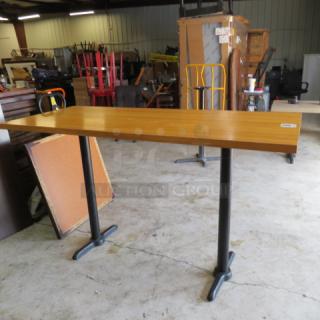 One Solid Wooden Butcher Block Table Top On A Dual Pedestal Bar Height Bases. 72X36X42