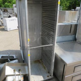 One Aluminum Holding Cabinet On Casters. No Door. 20.5X27X66