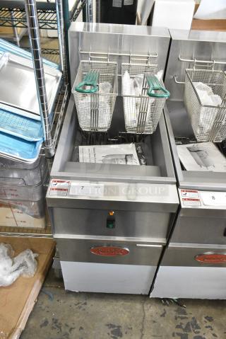 BRAND NEW SCRATCH AND DENT! 2024 Avantco 177EF40B Stainless Steel Commercial Floor Style Electric Powered Deep Fat Fryer w/ 2 Metal Fry Baskets. 208 Volts, 1 Phase.