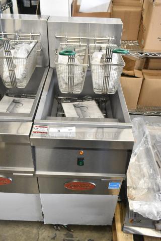 BRAND NEW SCRATCH AND DENT! 2024 Avantco 177EF40B Stainless Steel Commercial Floor Style Electric Powered Deep Fat Fryer w/ 2 Metal Fry Baskets. 208 Volts, 1 Phase.