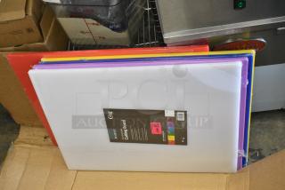 BRAND NEW SCRATCH AND DENT! Box of 5 Cutting Boards Including 40724185WH Choice 24" x 18" x 1/2" White Polyethylene Cutting Board, 40724185PL Choice 24" x 18" x 1/2" Purple Polyethylene Cutting Board, 40724185BL Choice 24" x 18" x 1/2" Blue Polyethylene Cutting Board, 40724185YL Choice 24" x 18" x 1/2" Yellow Polyethylene Cutting Board, 40724185RD Choice 24" x 18" x 1/2" Red Polyethylene Cutting Board